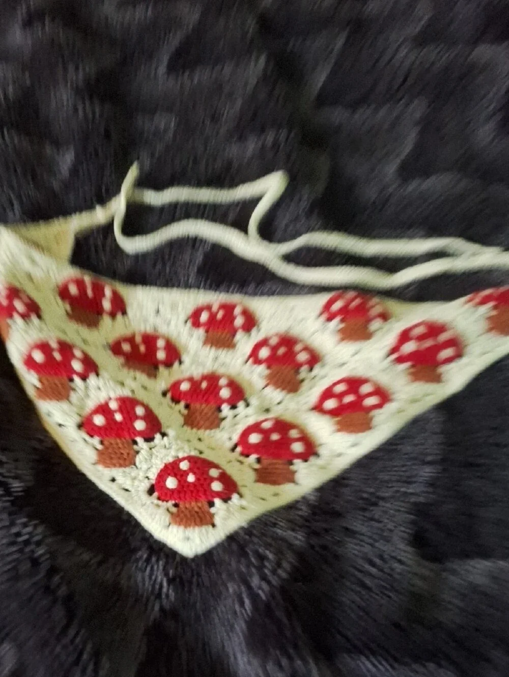 Crocheted Mushroom Handmade Triangle Bandana in Cream & Red